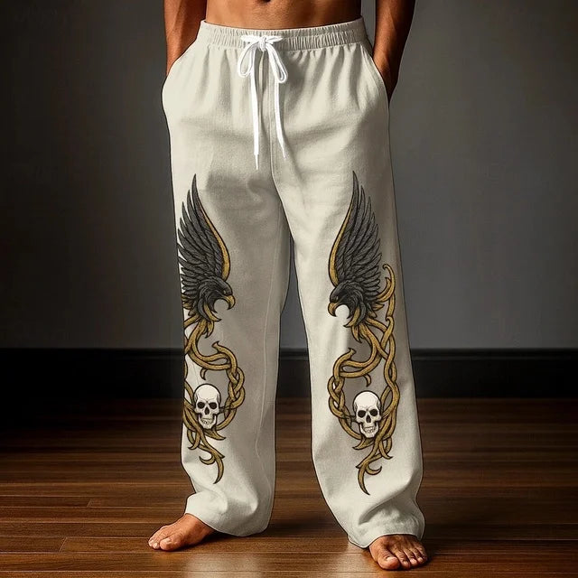 Men's retro Viking Celtic knot and eagle 3D printed autumn casual pants drawstring straight leg beach pants