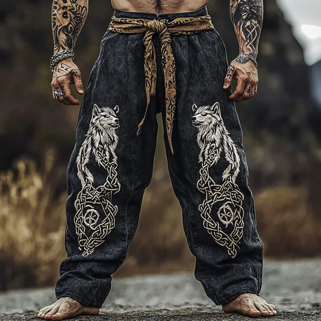 Men's retro Viking Celtic knot and eagle 3D printed autumn casual pants drawstring straight leg beach pants