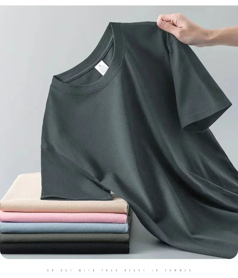 100% cotton heavy t-shirt summer solid color 230 g men's white casual all-match round neck fall shoulder short sleeve