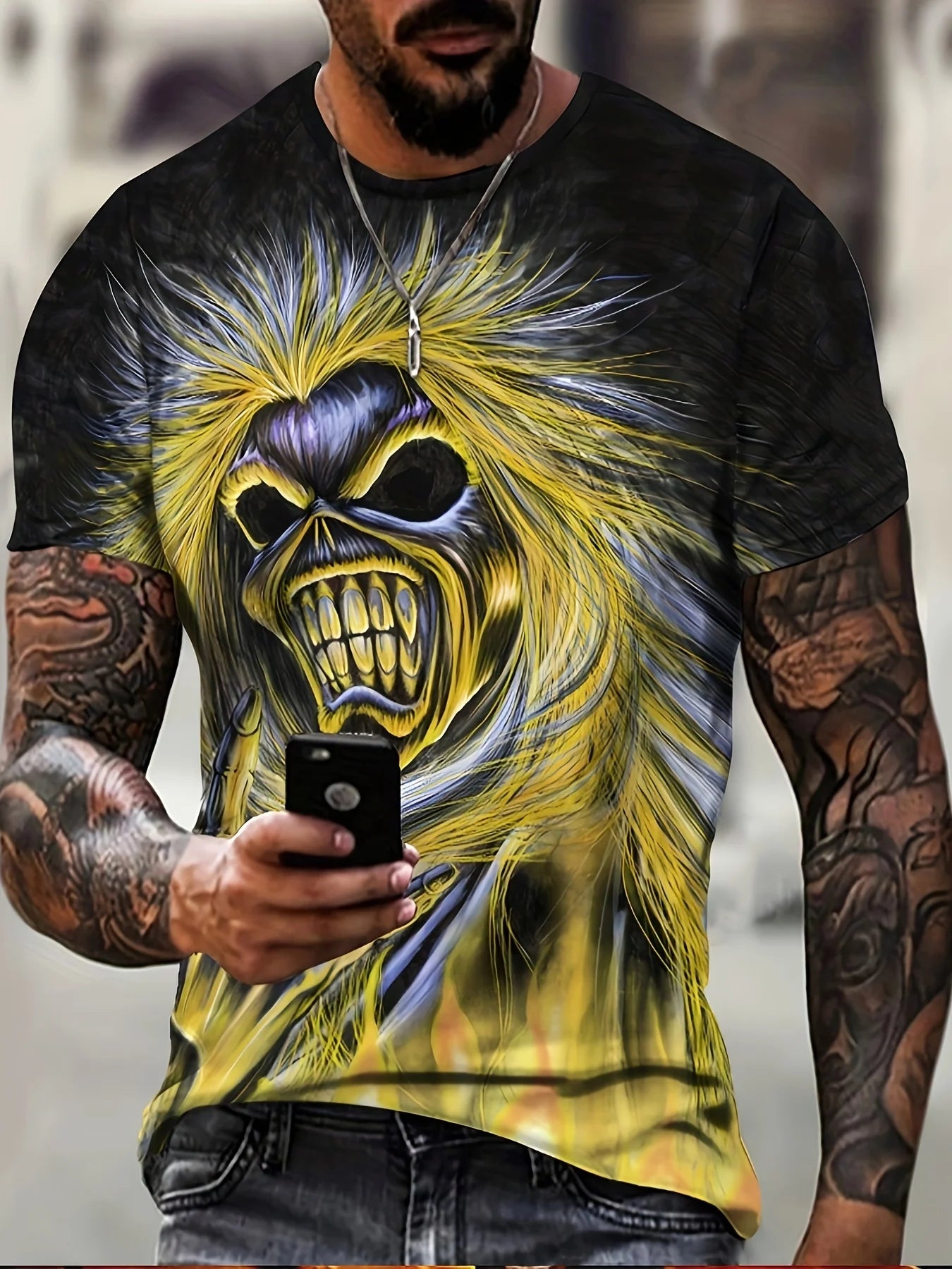 2025 New Men's Heavy Metal Rock 3D Print T-shirt Summer Casual Fashion Street Hip Hop