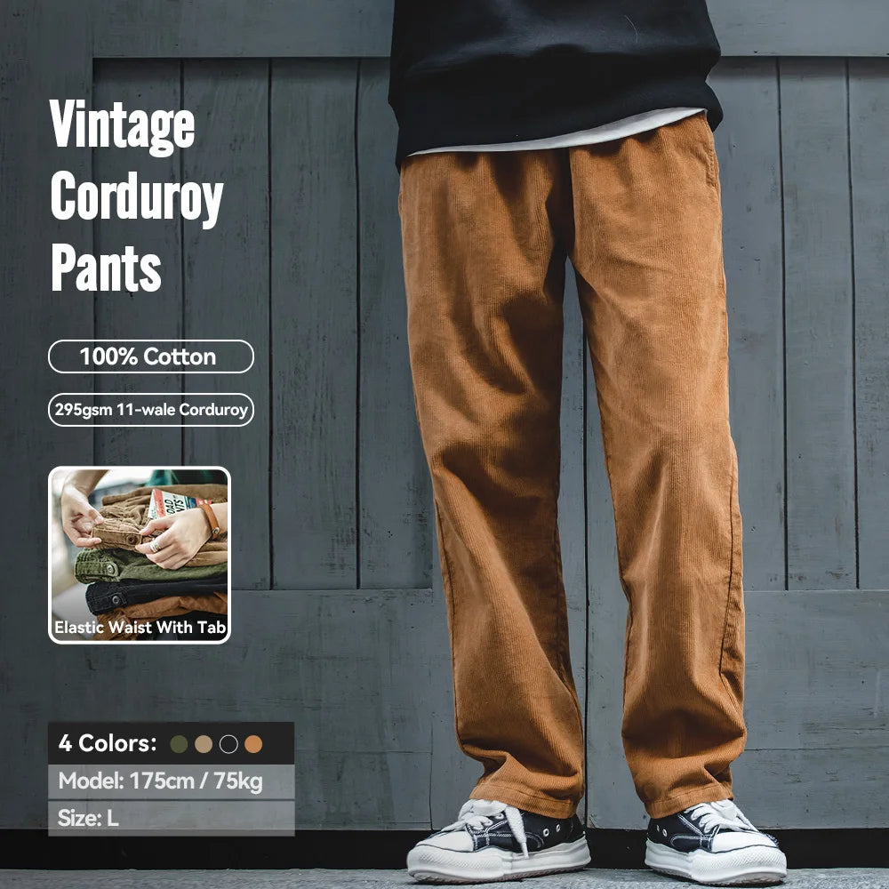 Maden Vintage Solid Color Corduroy Pants Straight Loose Casual Trousers with Elastic Waist and Pockets for Men's