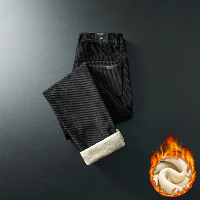 Winter Fleece Warm Corduroy Fabric Men's Casual Pants Outdoors Business Thick Flocking Plush