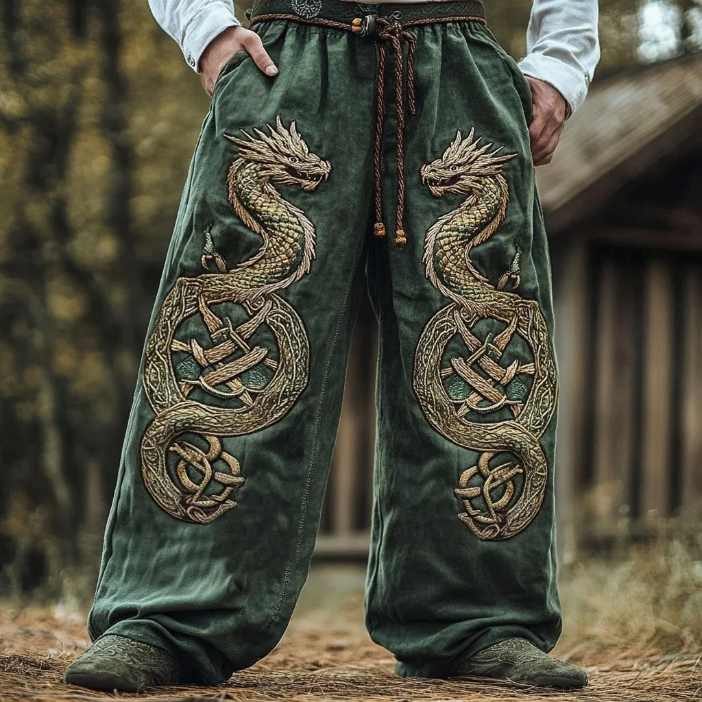 Men's retro Viking Celtic knot and eagle 3D printed autumn casual pants drawstring straight leg beach pants