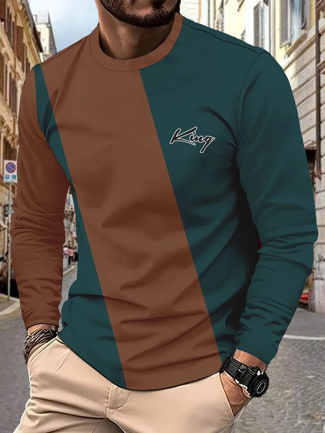 Mens T Shirt Stylish Striped 3D Print Long Sleeve Spring Fall Casual Vintage Round Neck Outdoor Sports T-Shirt