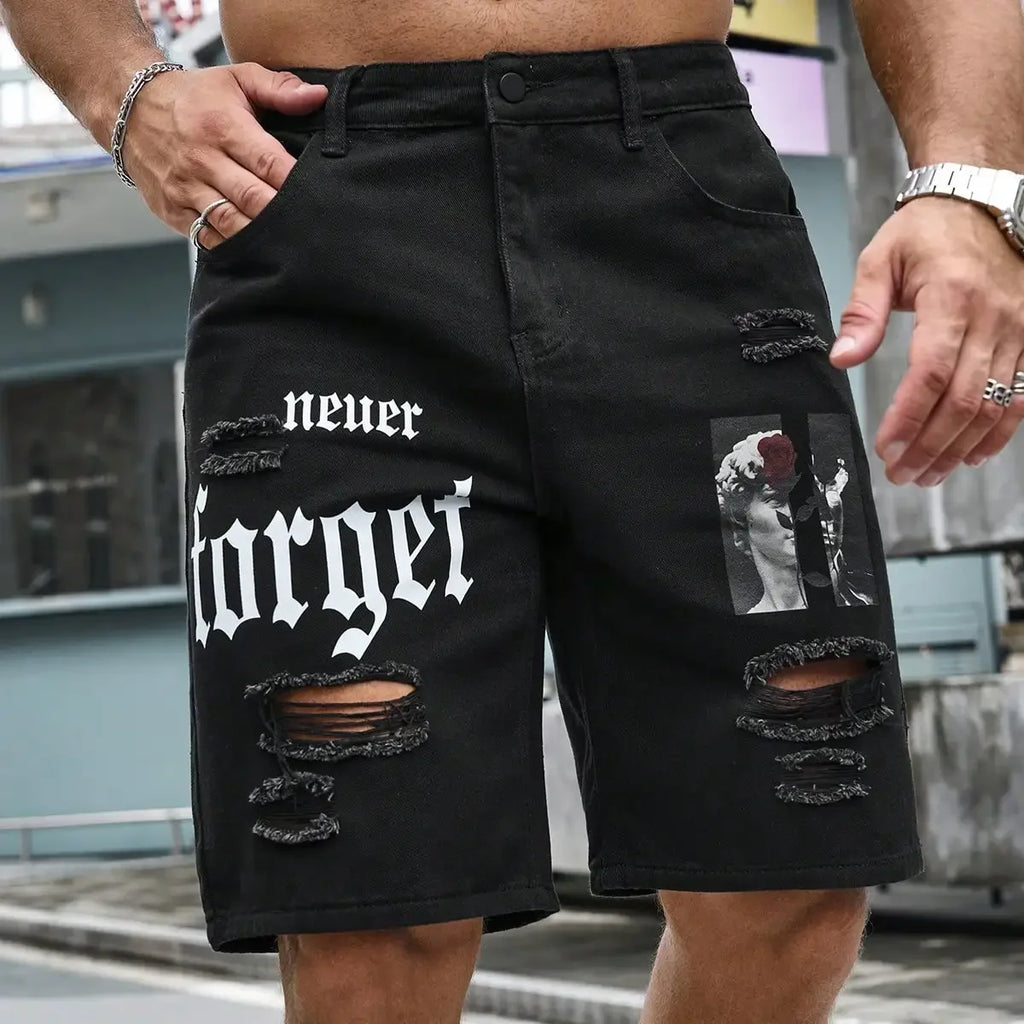Men Summer Stretchy Denim Shorts Jeans For Men Streetwear Letter Ripped Knee length
