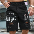 Men Summer Stretchy Denim Shorts Jeans For Men Streetwear Letter Ripped Knee length