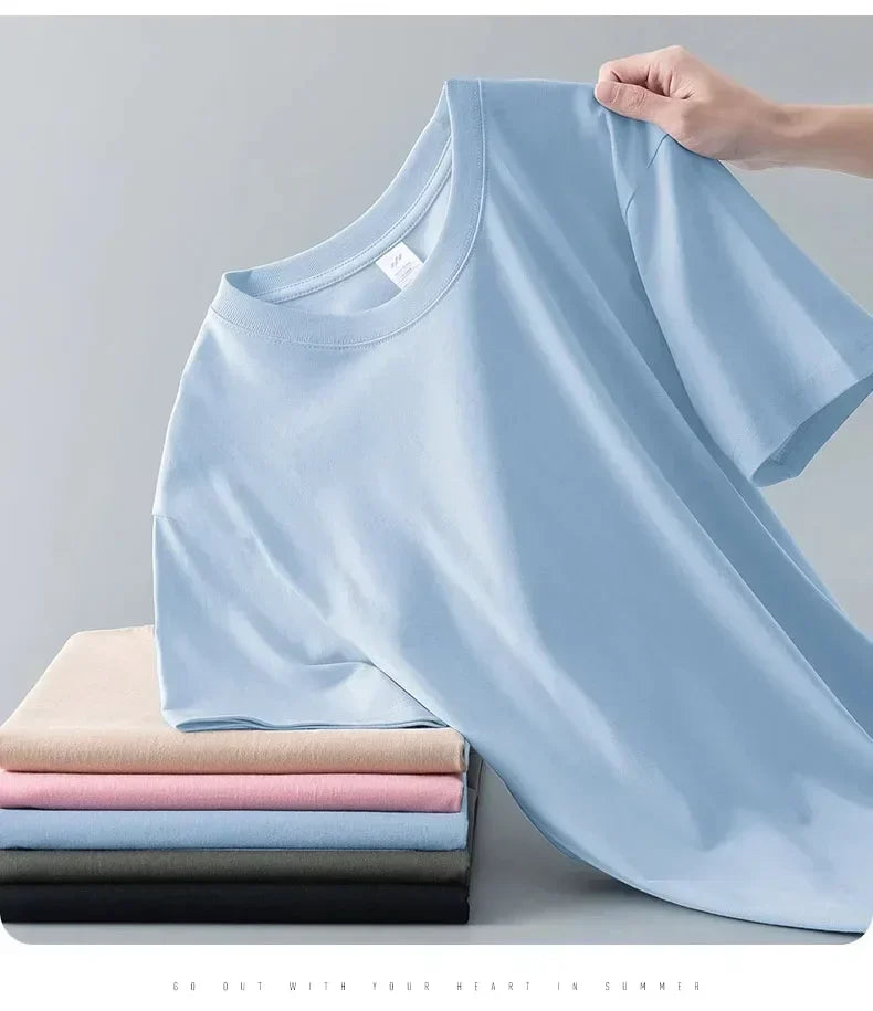 100% cotton heavy t-shirt summer solid color 230 g men's white casual all-match round neck fall shoulder short sleeve