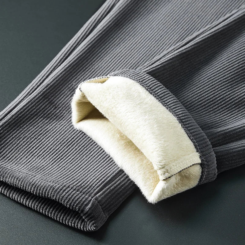 Winter Fleece Warm Corduroy Fabric Men's Casual Pants Outdoors Business Thick Flocking Plush