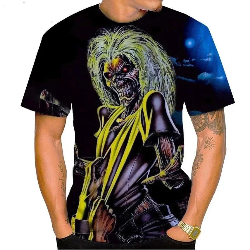 2025 New Men's Heavy Metal Rock 3D Print T-shirt Summer Casual Fashion Street Hip Hop