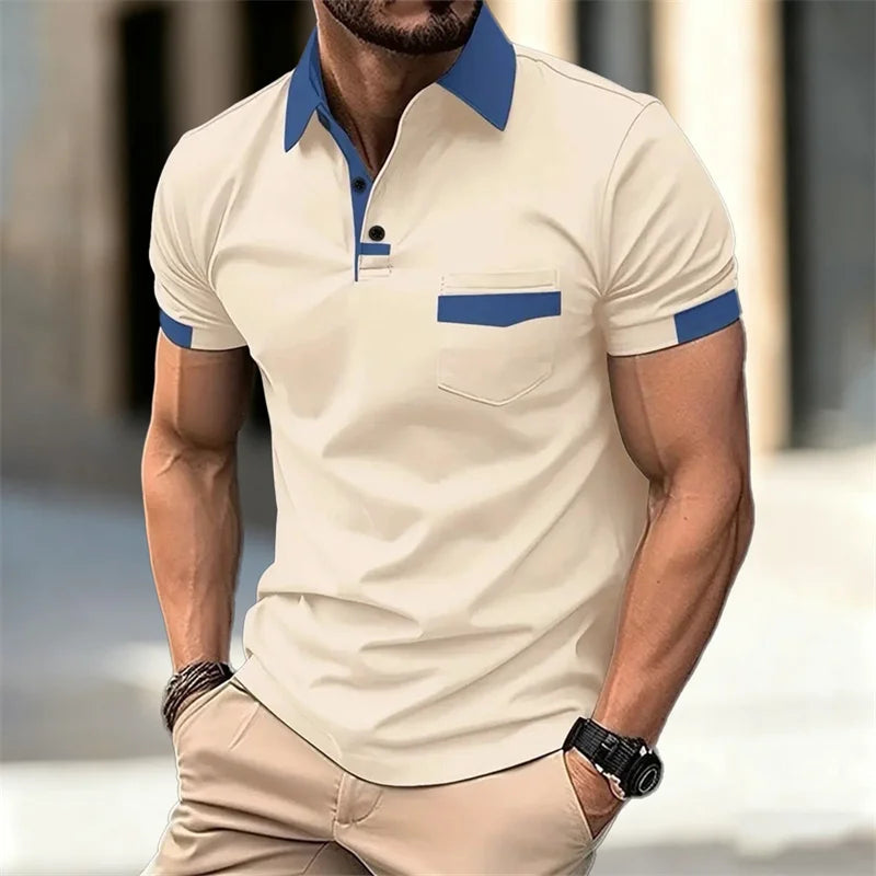 Men's color-blocked short-sleeved polo shirt, available in 6 colors, with a lapel and pocket design
