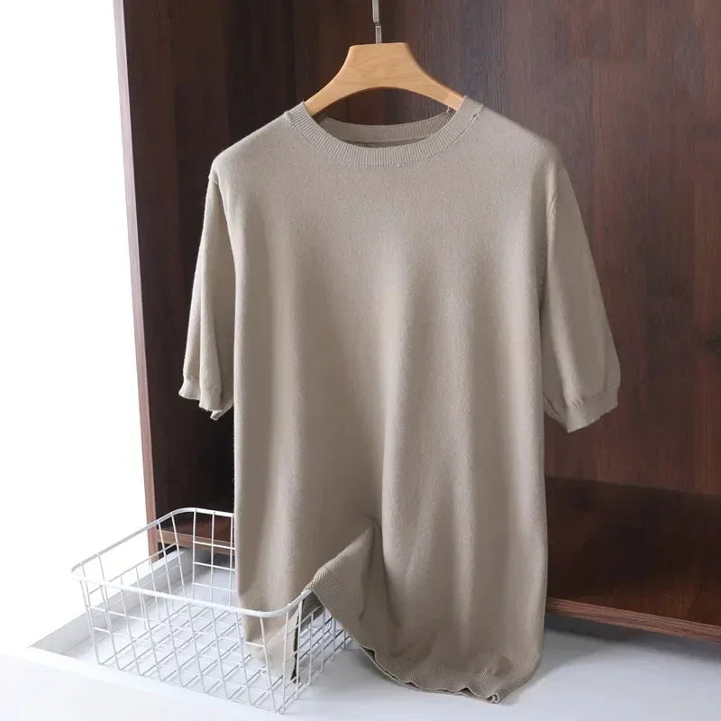 2025 Superfine Merino Wool T Shirt Men's Knitted O-neck Breathable Thin Cashmer Short Sleeve