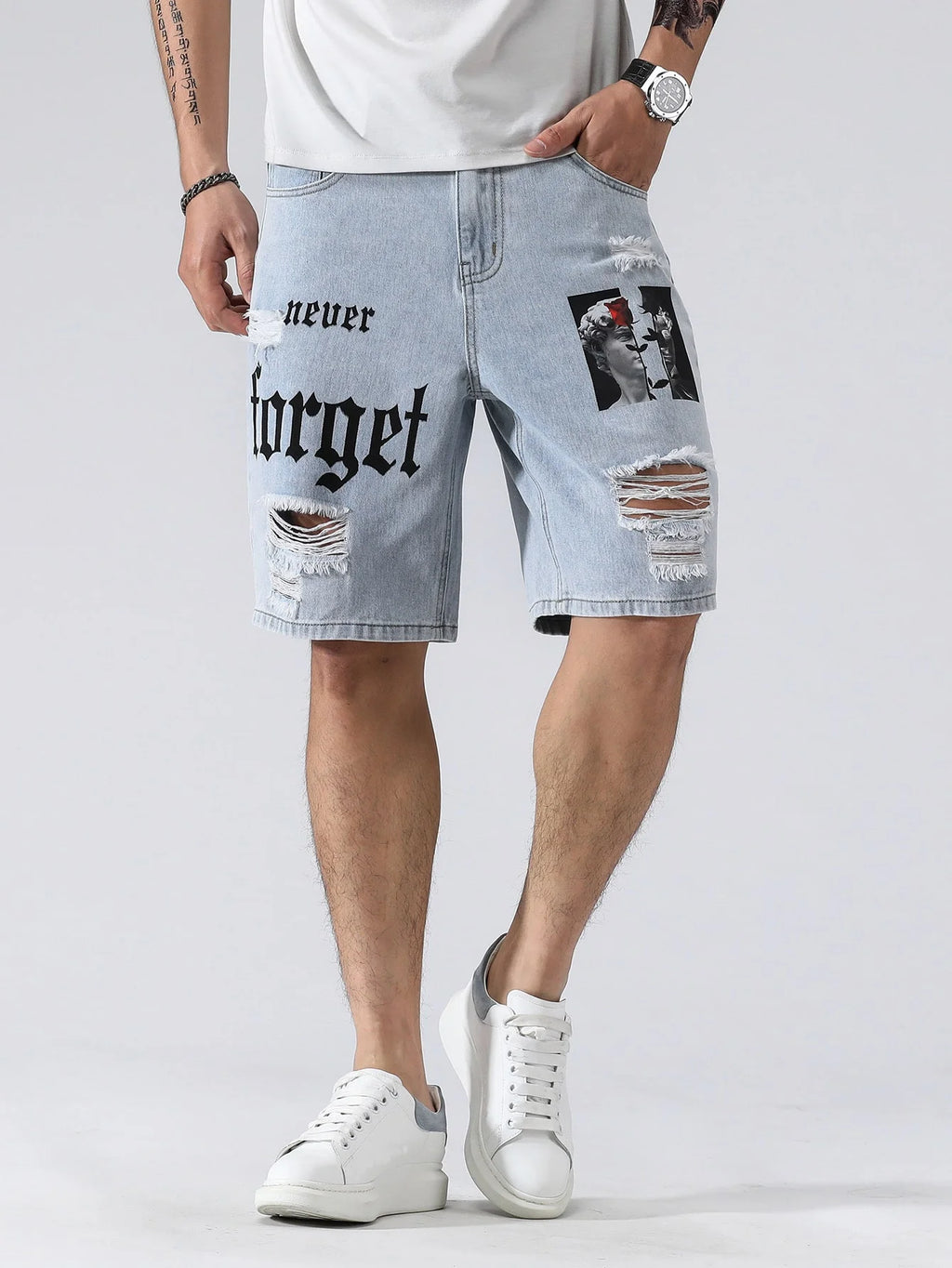 Men Summer Stretchy Denim Shorts Jeans For Men Streetwear Letter Ripped Knee length