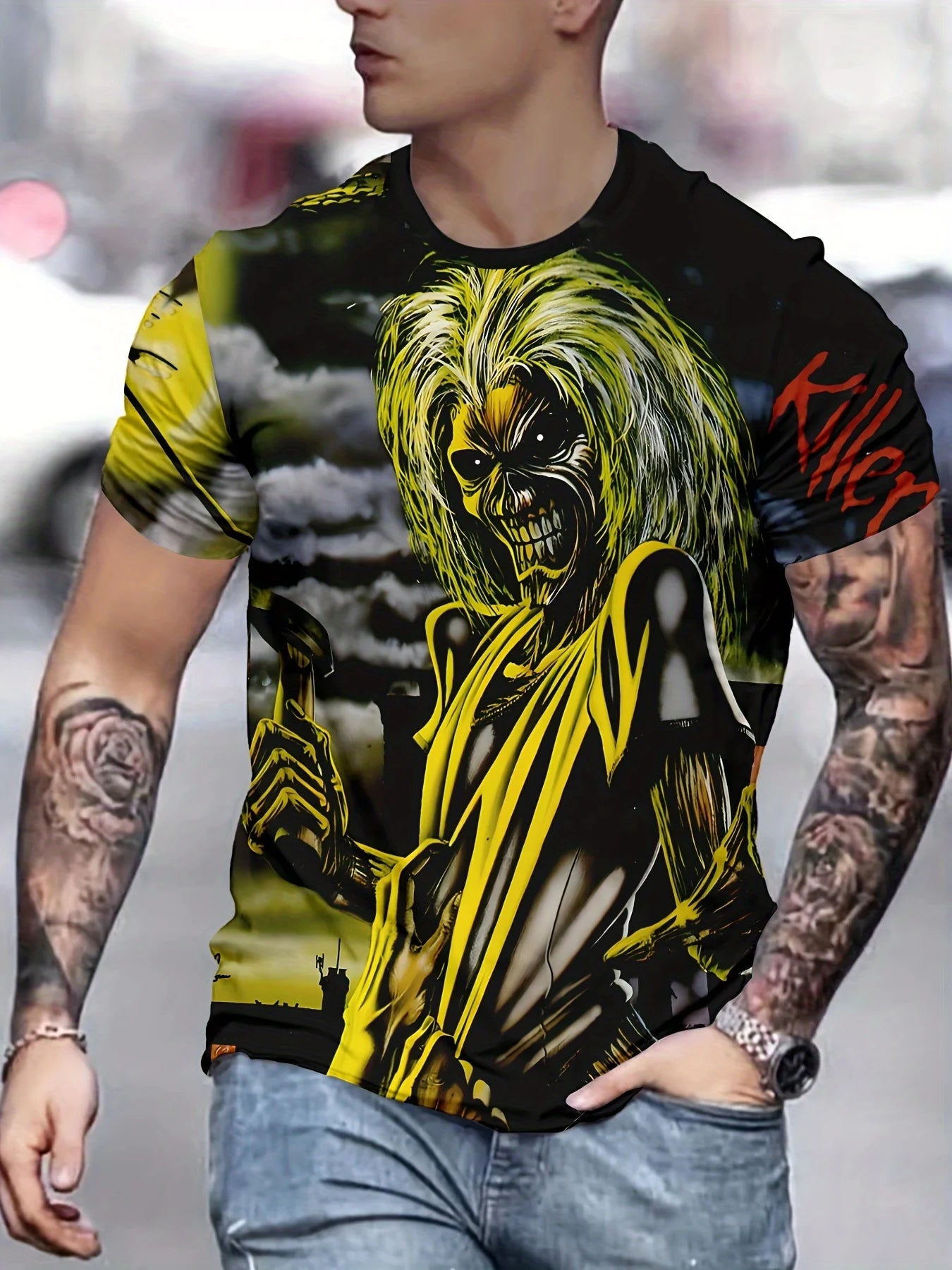 2025 New Men's Heavy Metal Rock 3D Print T-shirt Summer Casual Fashion Street Hip Hop