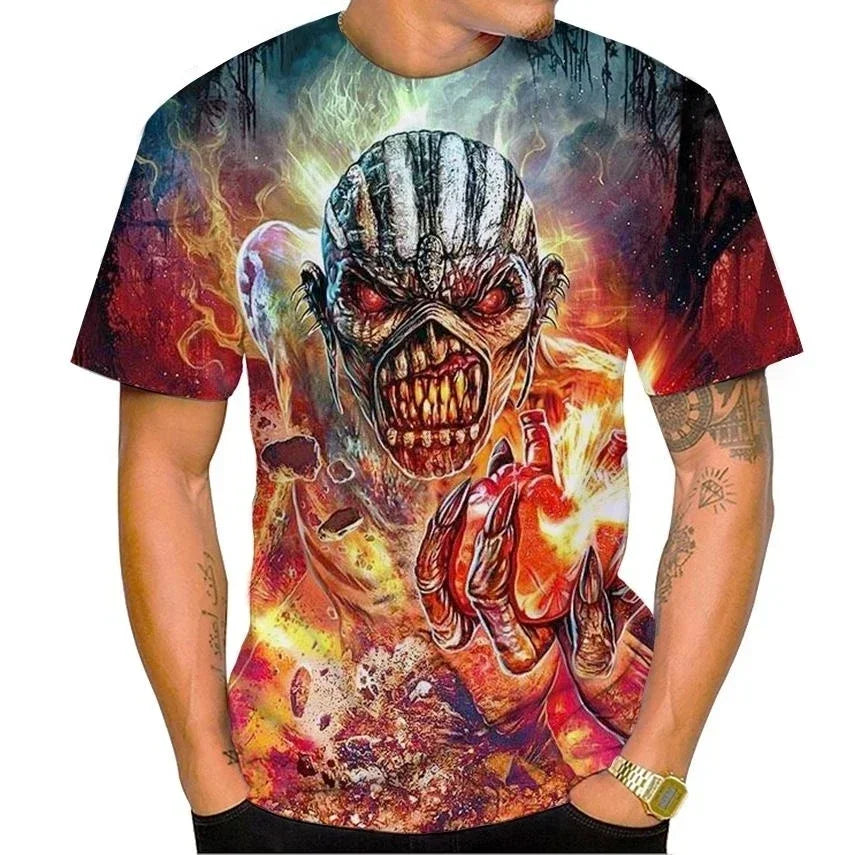 2025 New Men's Heavy Metal Rock 3D Print T-shirt Summer Casual Fashion Street Hip Hop