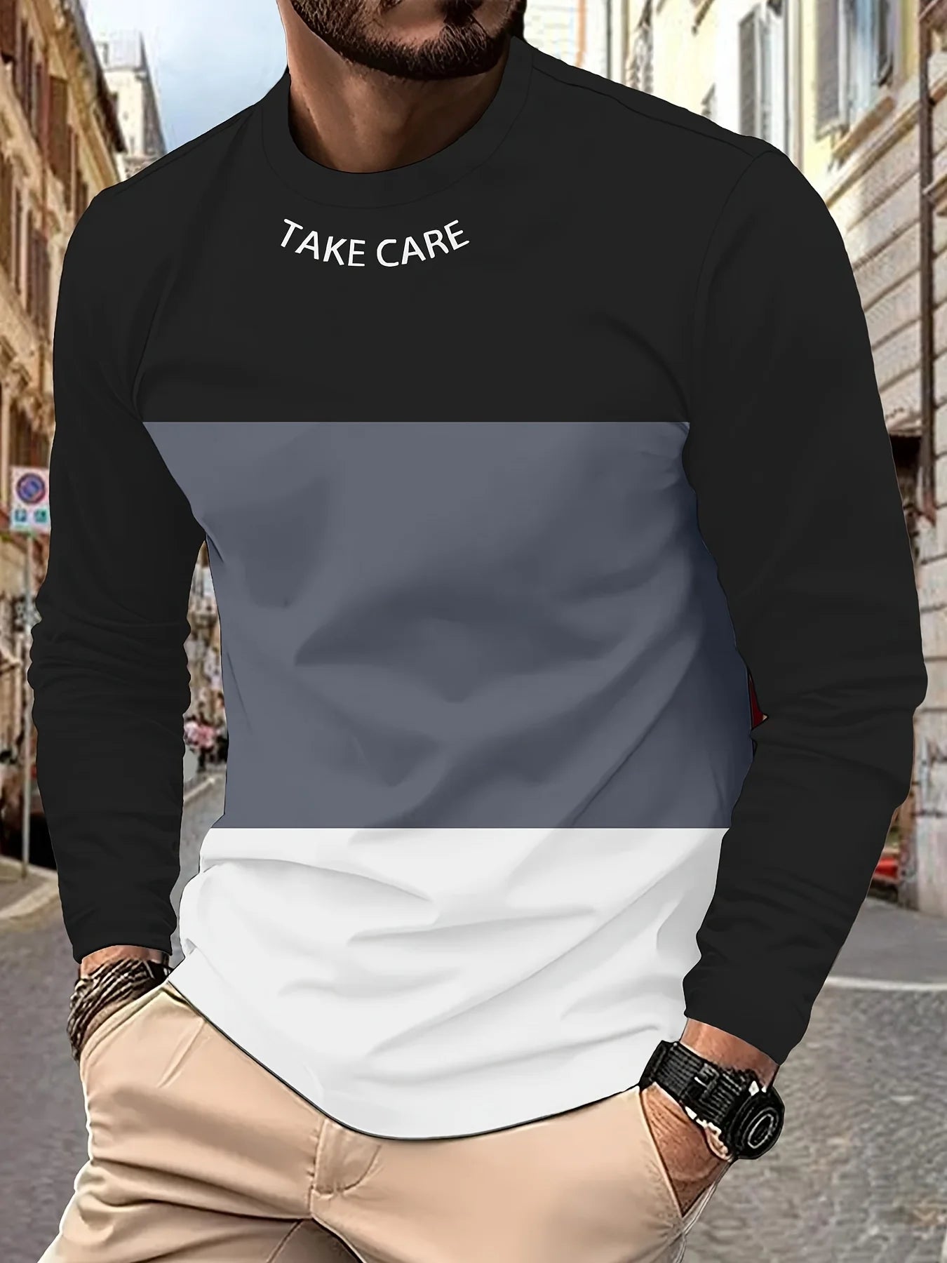 Mens T Shirt Stylish Striped 3D Print Long Sleeve Spring Fall Casual Vintage Round Neck Outdoor Sports T-Shirt