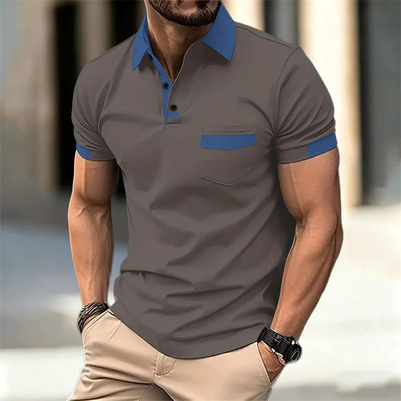 Men's color-blocked short-sleeved polo shirt, available in 6 colors, with a lapel and pocket design