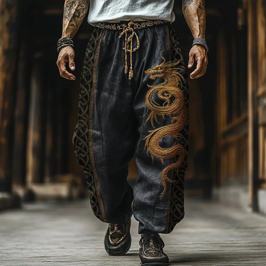 Men's retro Viking Celtic knot and eagle 3D printed autumn casual pants drawstring straight leg beach pants