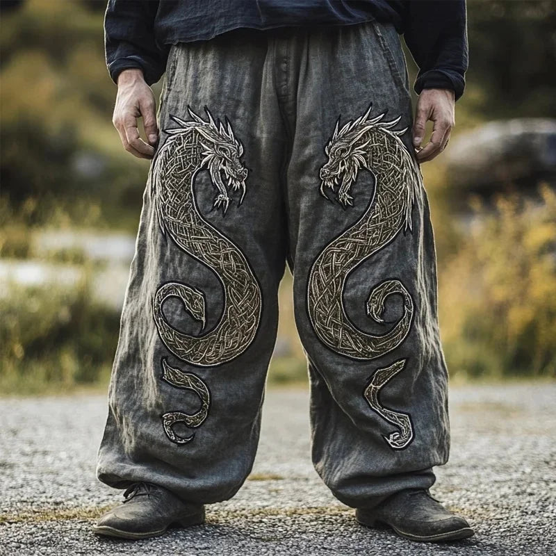 Men's retro Viking Celtic knot and eagle 3D printed autumn casual pants drawstring straight leg beach pants