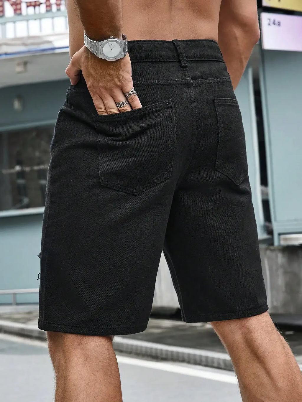 Men Summer Stretchy Denim Shorts Jeans For Men Streetwear Letter Ripped Knee length