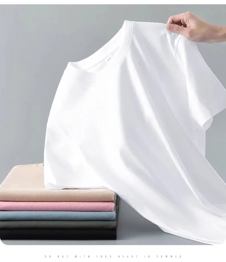100% cotton heavy t-shirt summer solid color 230 g men's white casual all-match round neck fall shoulder short sleeve