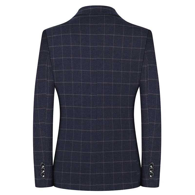 Men's Slim Fit Plaid Blazer Casual Spring Autumn Fashion Polyester Coat Handsome All-Matching Suit for Middle-Aged