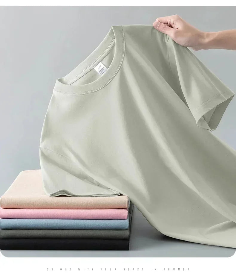 100% cotton heavy t-shirt summer solid color 230 g men's white casual all-match round neck fall shoulder short sleeve