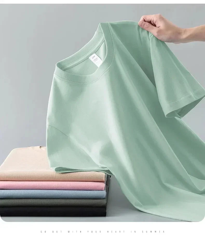 100% cotton heavy t-shirt summer solid color 230 g men's white casual all-match round neck fall shoulder short sleeve