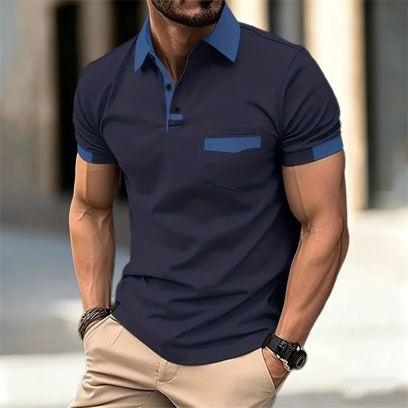 Men's color-blocked short-sleeved polo shirt, available in 6 colors, with a lapel and pocket design