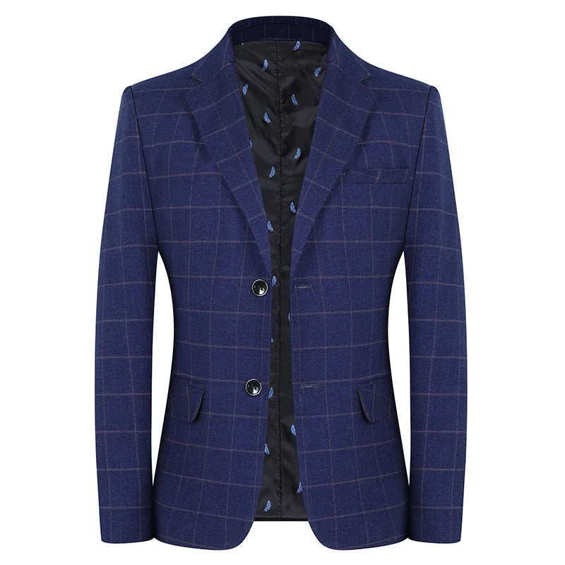 Men's Slim Fit Plaid Blazer Casual Spring Autumn Fashion Polyester Coat Handsome All-Matching Suit for Middle-Aged