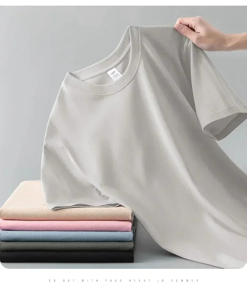 100% cotton heavy t-shirt summer solid color 230 g men's white casual all-match round neck fall shoulder short sleeve