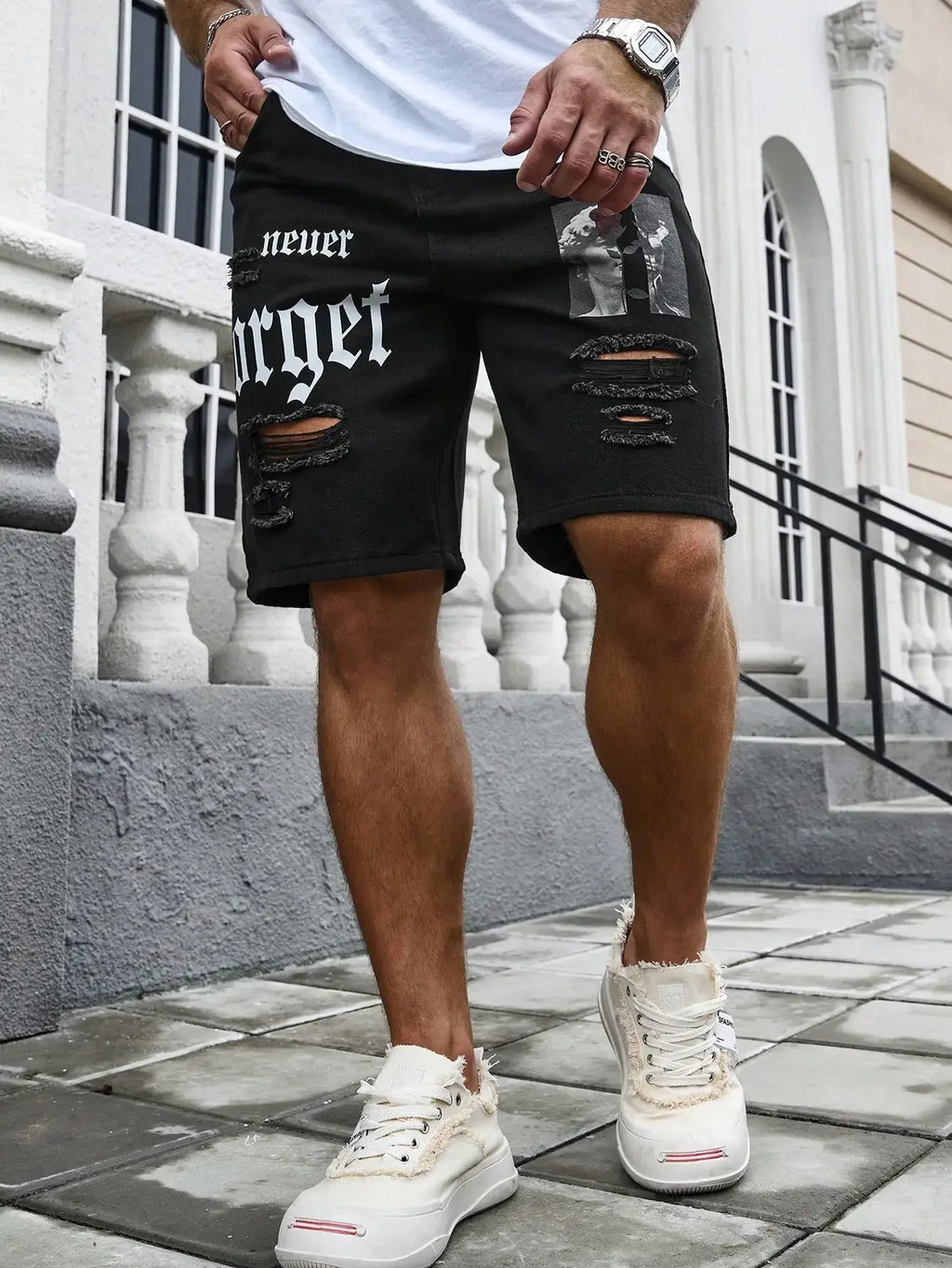 Men Summer Stretchy Denim Shorts Jeans For Men Streetwear Letter Ripped Knee length