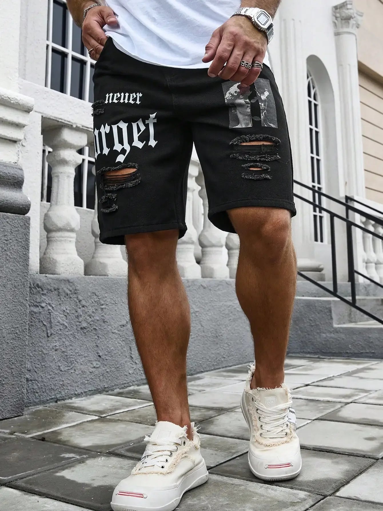 Men Summer Stretchy Denim Shorts Jeans For Men Streetwear Letter Ripped Knee length