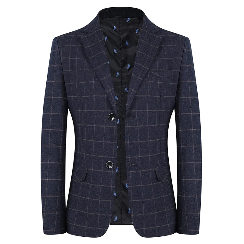 Men's Slim Fit Plaid Blazer Casual Spring Autumn Fashion Polyester Coat Handsome All-Matching Suit for Middle-Aged