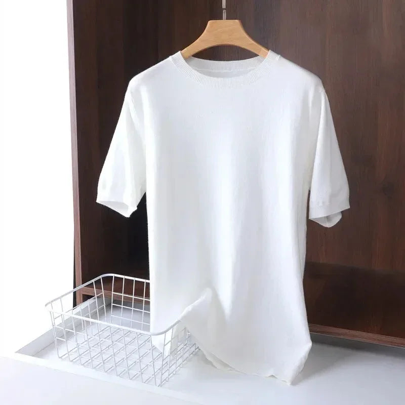 2025 Superfine Merino Wool T Shirt Men's Knitted O-neck Breathable Thin Cashmer Short Sleeve