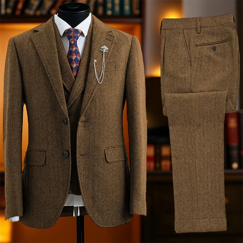 Herringbone Men Suits for Casual Business Party 3 Pieces Tweed Wedding Fashion Tuxedo