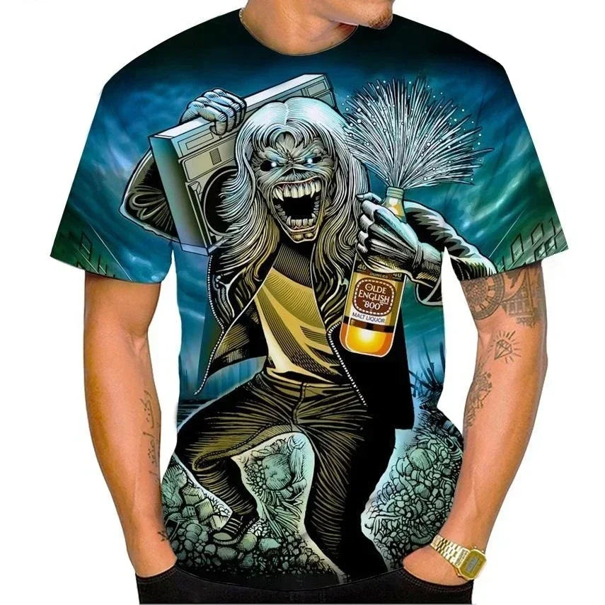 2025 New Men's Heavy Metal Rock 3D Print T-shirt Summer Casual Fashion Street Hip Hop