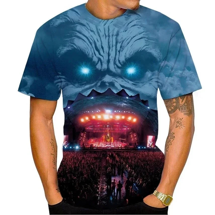 2025 New Men's Heavy Metal Rock 3D Print T-shirt Summer Casual Fashion Street Hip Hop