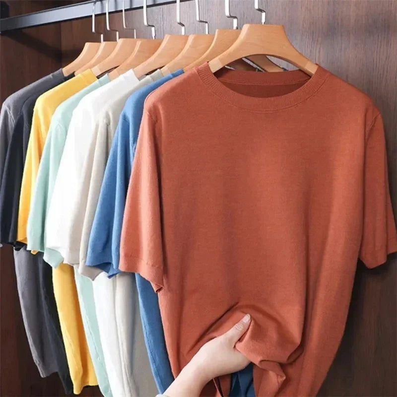 2025 Superfine Merino Wool T Shirt Men's Knitted O-neck Breathable Thin Cashmer Short Sleeve