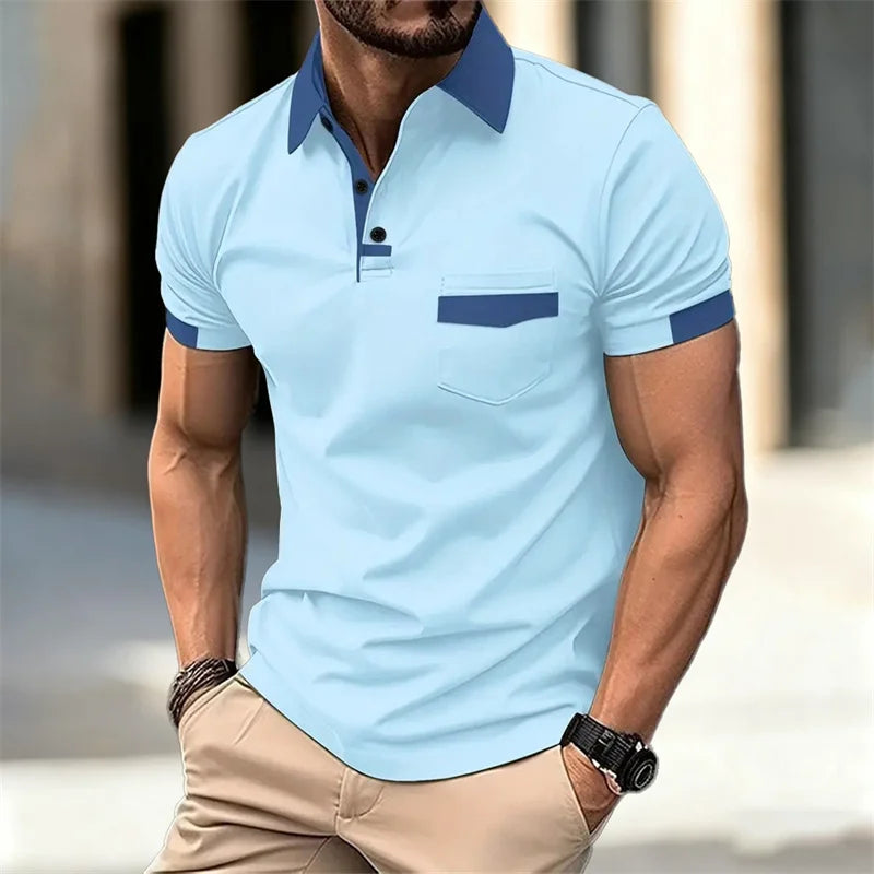 Men's color-blocked short-sleeved polo shirt, available in 6 colors, with a lapel and pocket design