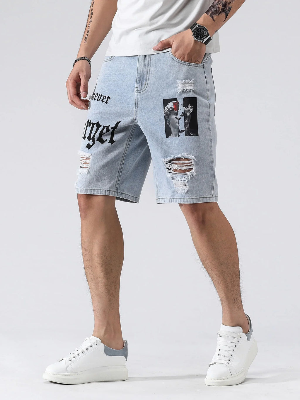 Men Summer Stretchy Denim Shorts Jeans For Men Streetwear Letter Ripped Knee length