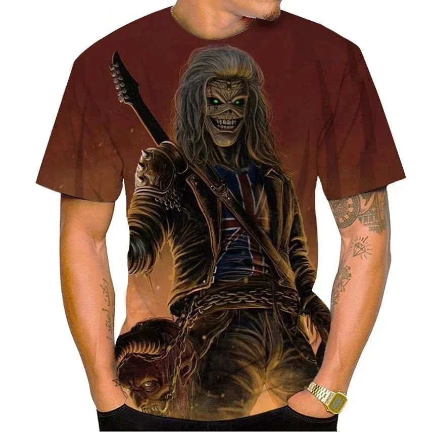2025 New Men's Heavy Metal Rock 3D Print T-shirt Summer Casual Fashion Street Hip Hop