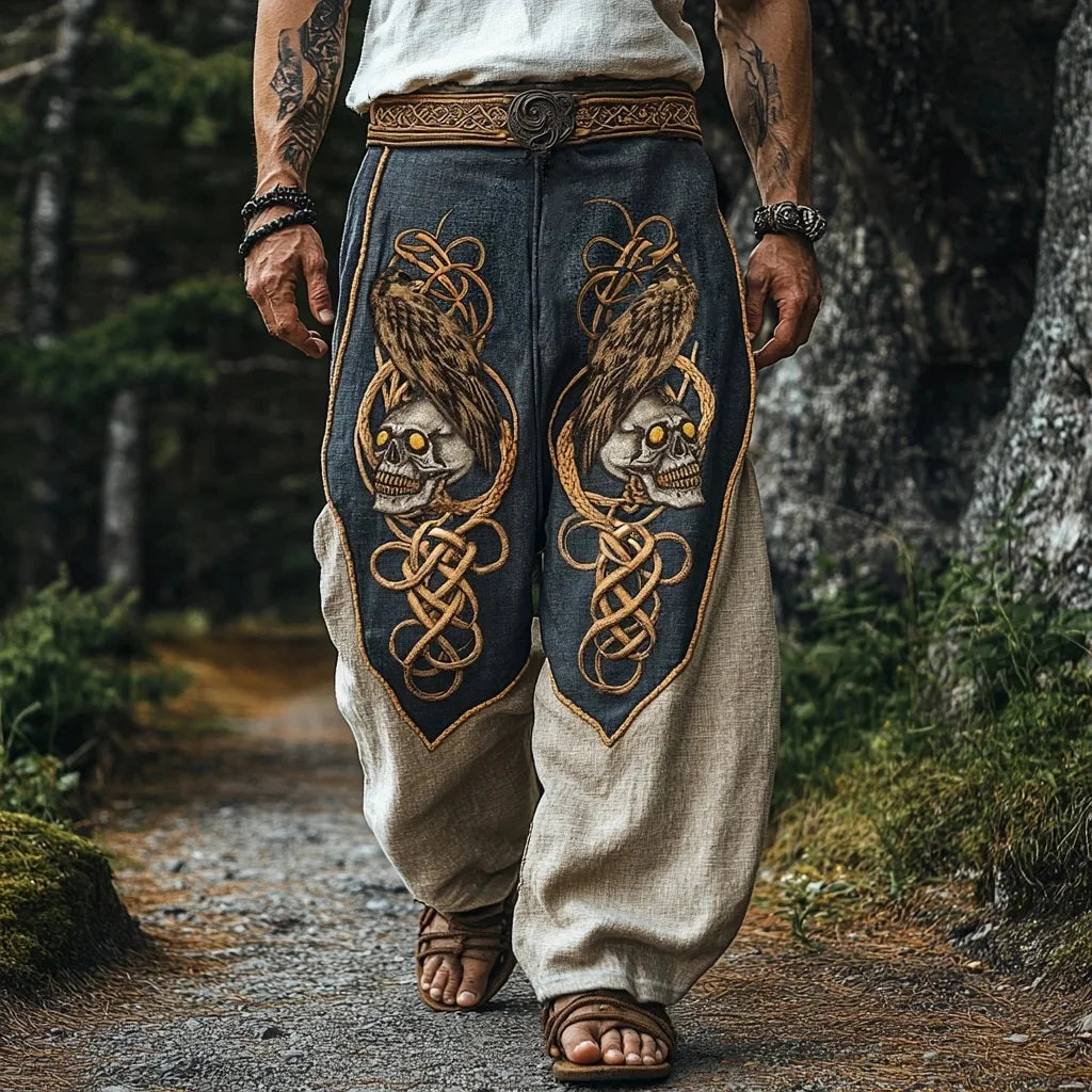 Men's retro Viking Celtic knot and eagle 3D printed autumn casual pants drawstring straight leg beach pants