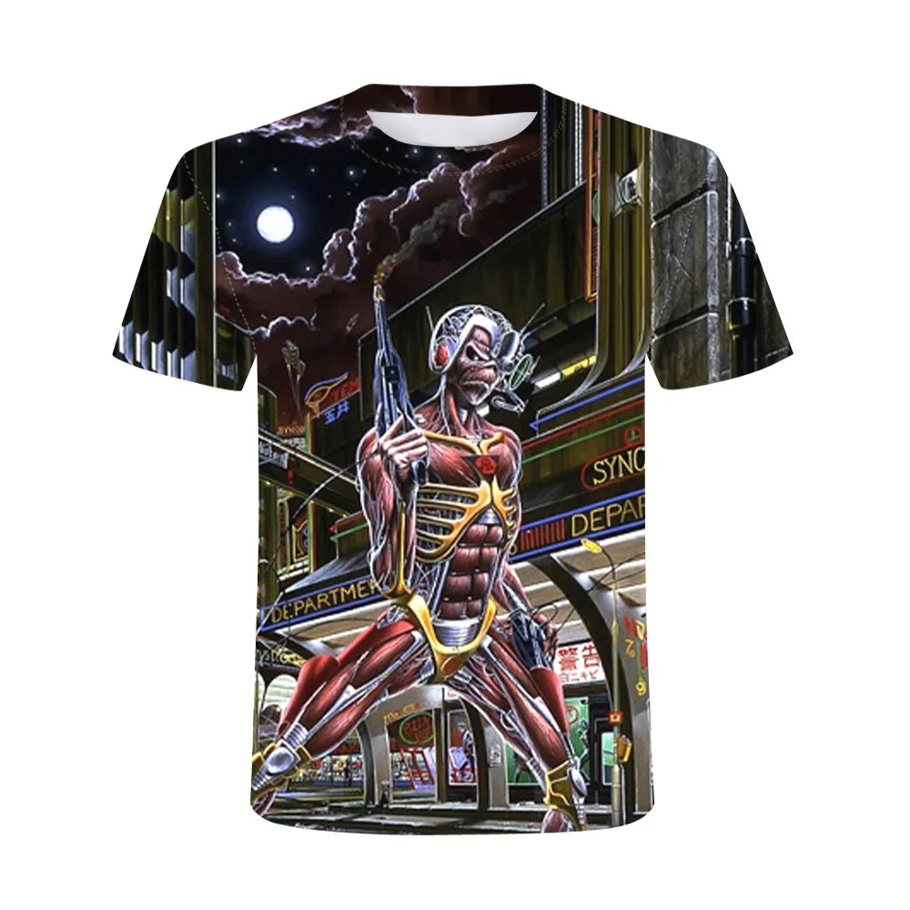 2025 New Men's Heavy Metal Rock 3D Print T-shirt Summer Casual Fashion Street Hip Hop