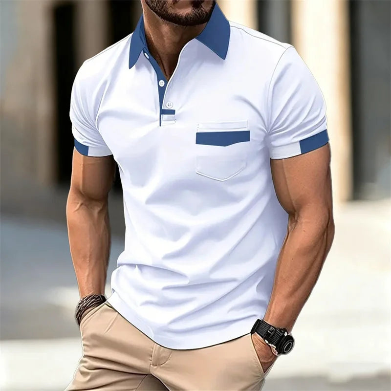 Men's color-blocked short-sleeved polo shirt, available in 6 colors, with a lapel and pocket design
