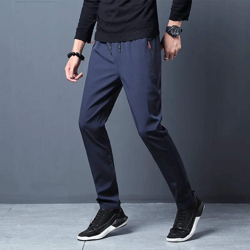 Men's Casual Pants Business Stretch Slim Fit Elastic Waist Jogger Korean Classic Blue Black Gray Male