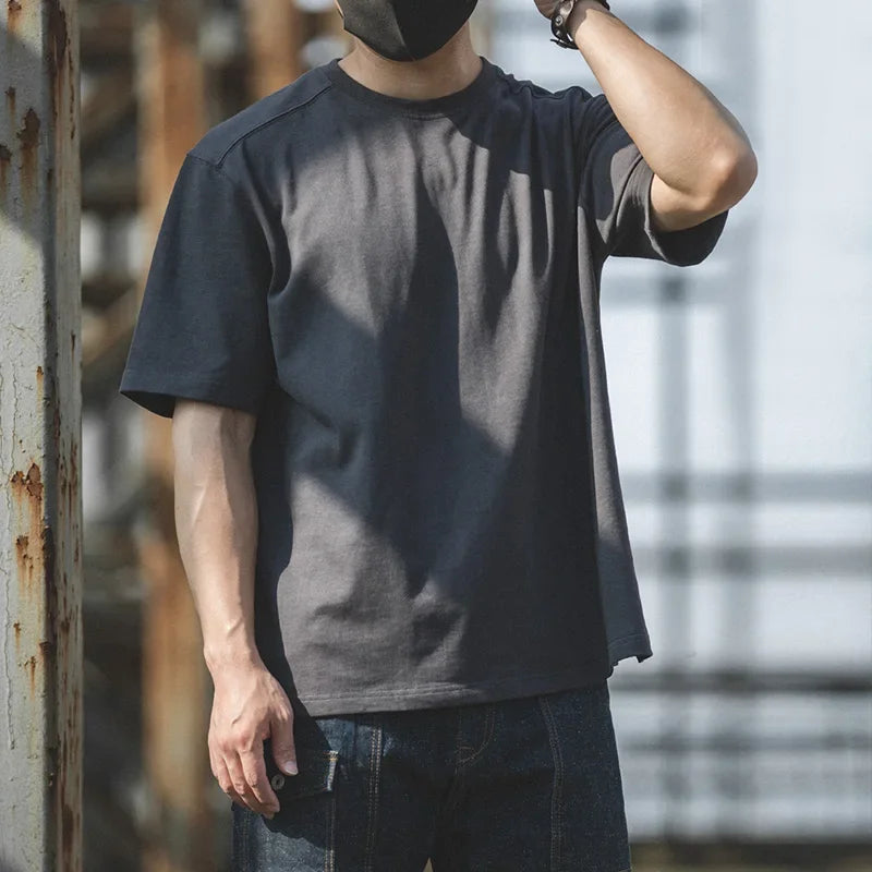 Maden Solid Color 100% Cotton Short Sleeve T-shirt for Men Ribbed O-Neck Casual Loose Fit Tees