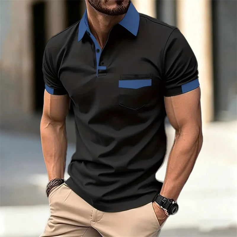 Men's color-blocked short-sleeved polo shirt, available in 6 colors, with a lapel and pocket design