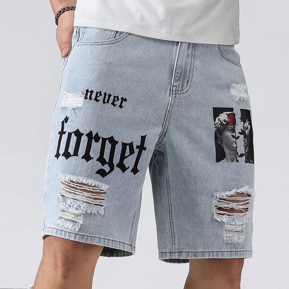 Men Summer Stretchy Denim Shorts Jeans For Men Streetwear Letter Ripped Knee length