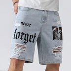 Men Summer Stretchy Denim Shorts Jeans For Men Streetwear Letter Ripped Knee length