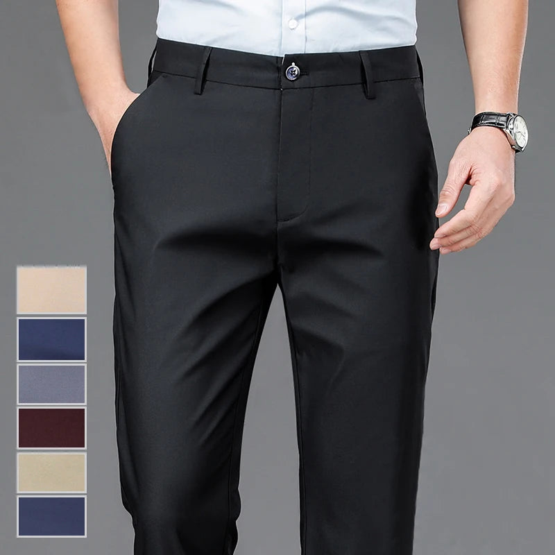 Male Pants Stretch Solid Black Smart Casual Men's Trousers Office Quick Dry Suit Pants New Spring